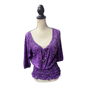 Fairygrunge Smocked Waist TopSz Large Purple Tie V Neck Whimsigoth Y2K